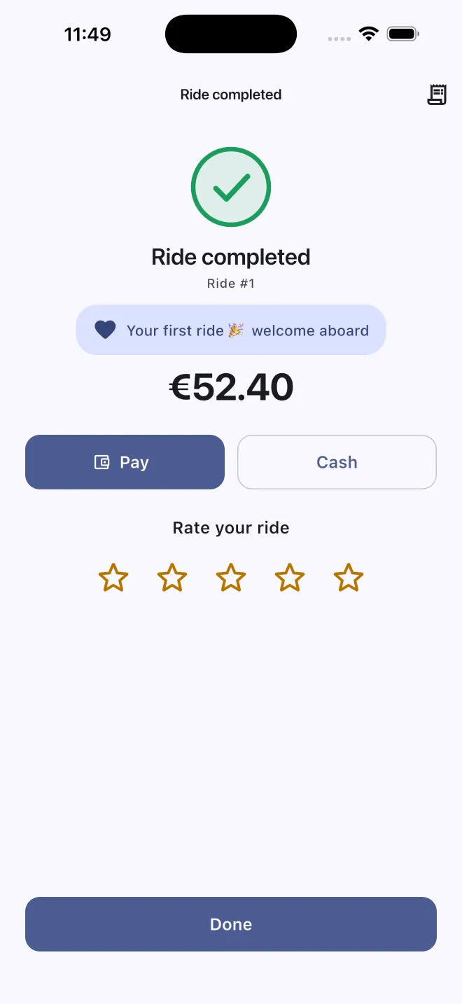 The end of a trip: the fare, pay-by-card or cash, and a five-star rating.