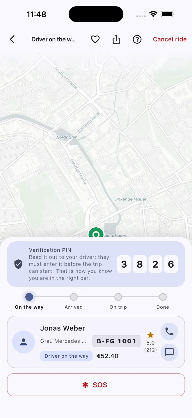 A trip in progress: the driver on the map, the four-digit verification PIN, the car and the fare.